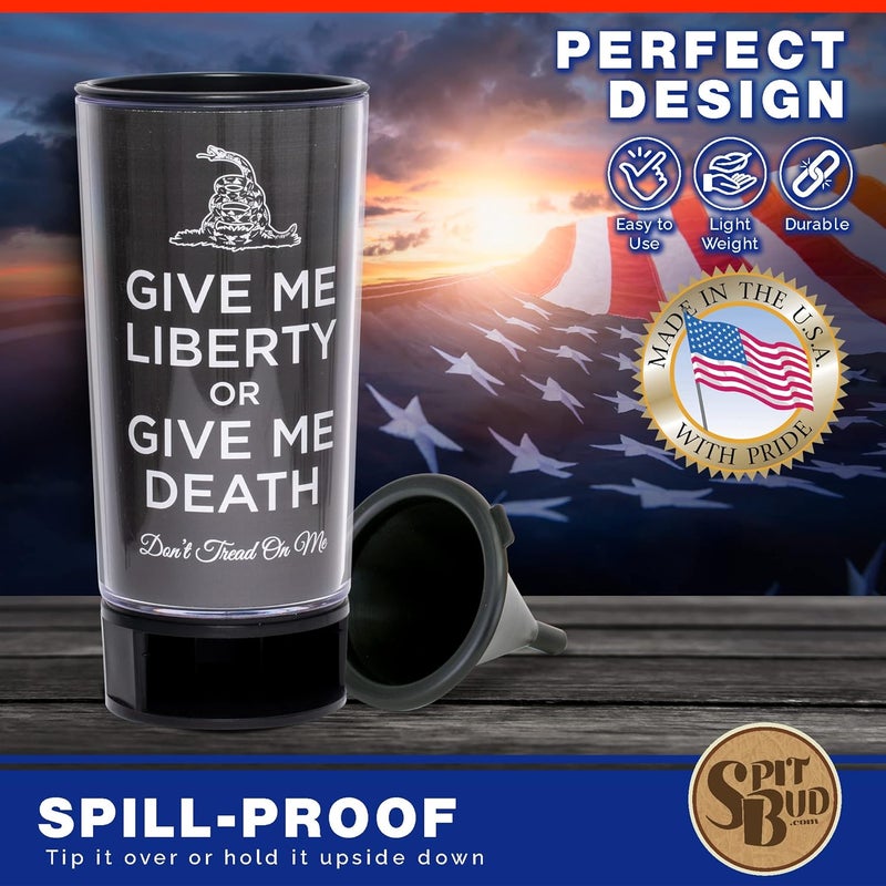 Spit Bud Liberty or Death #3 The Ultimate Spittoon for Chew - Portable Dip & Snuff Cup with Lid, Pop Tab, Spill-Proof Funnel, Can Cutter & Holder - Fit in Cup Holders - Holds 8oz - Made in USA - Image 5